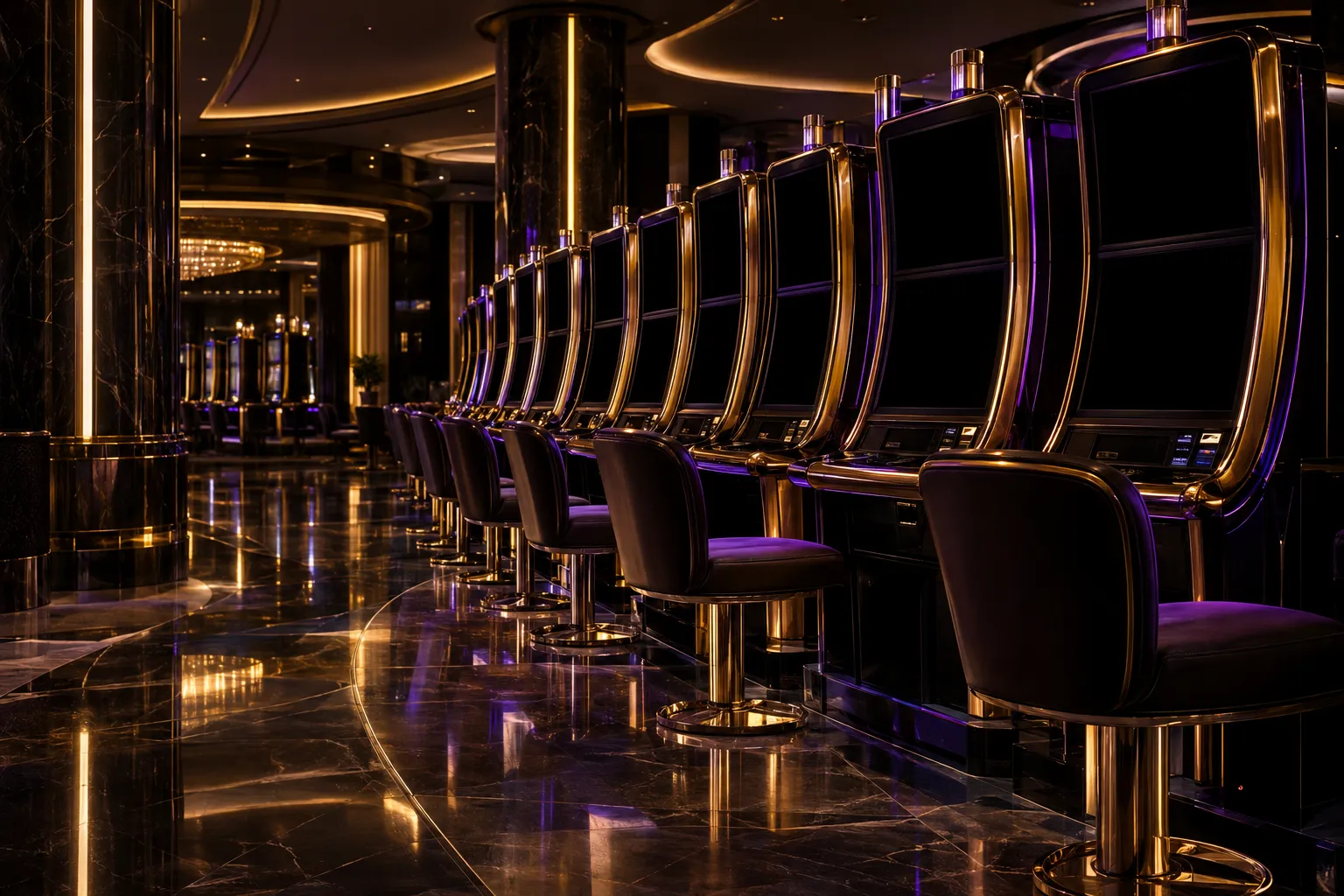 Casino floor lined with glowing slot machines, the setting for this pokie showcase