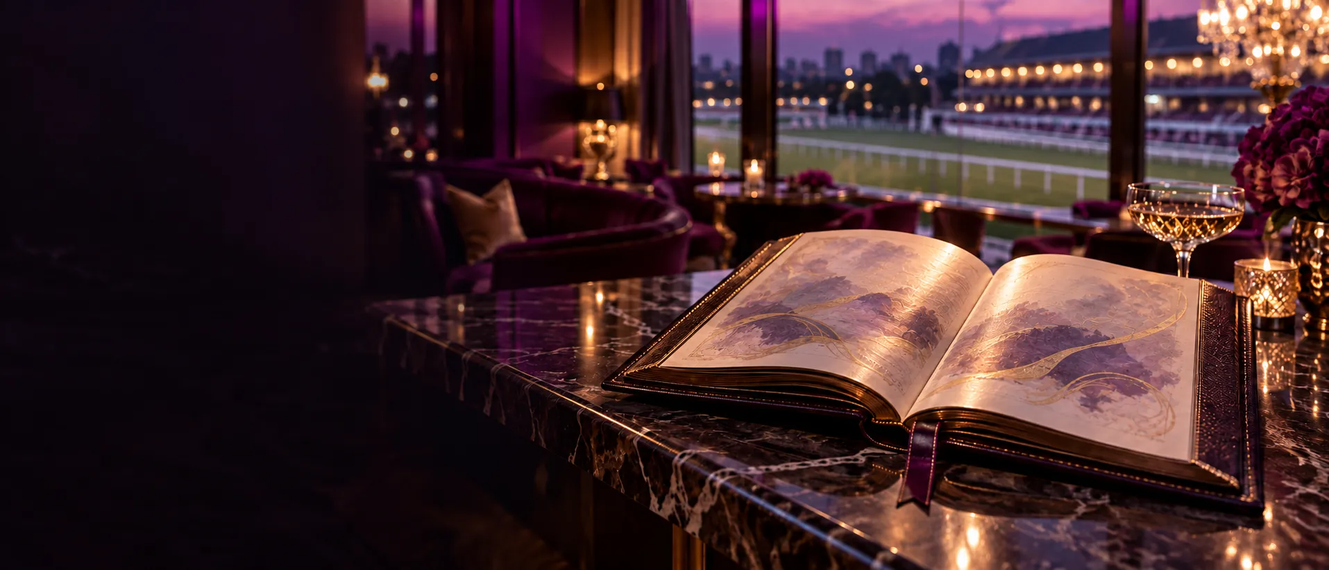 Leather guidebook open on a ledge above a racecourse VIP box, standing in for fast answers about Here2Win Casino