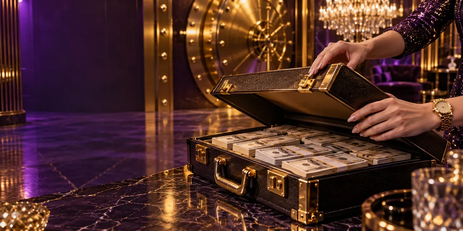 Hands opening a briefcase of banknotes inside a gold vault