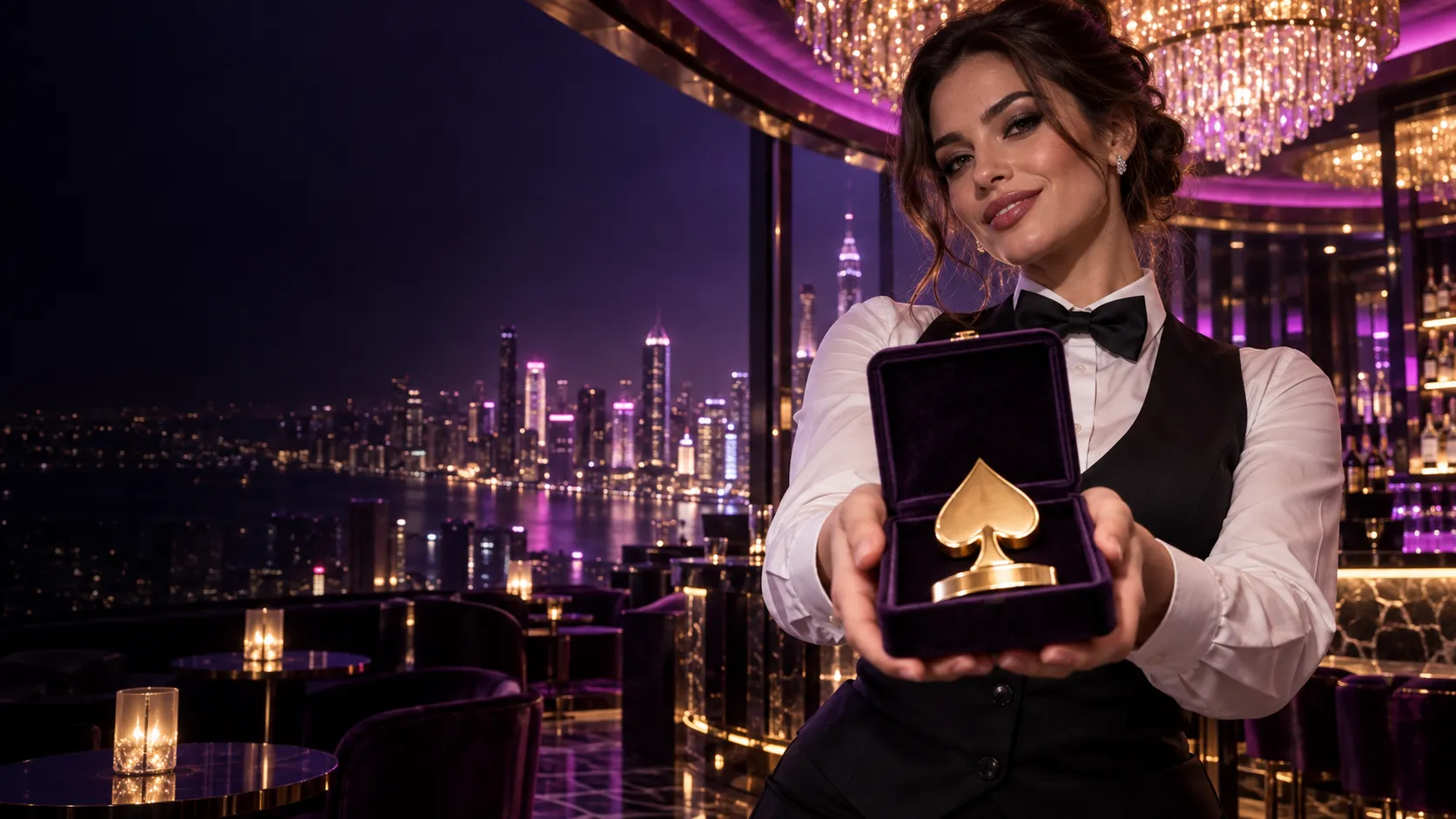 Croupier presenting a velvet award box on a rooftop sky bar at sunset