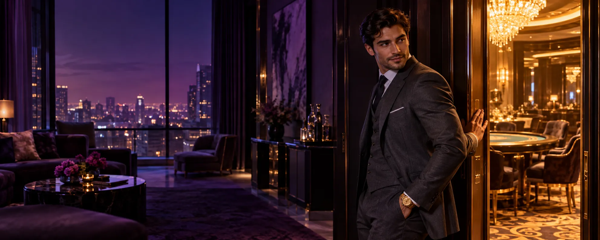 Man beside a glowing VIP doorway in a hotel suite, the entry point to Here2Win rewards