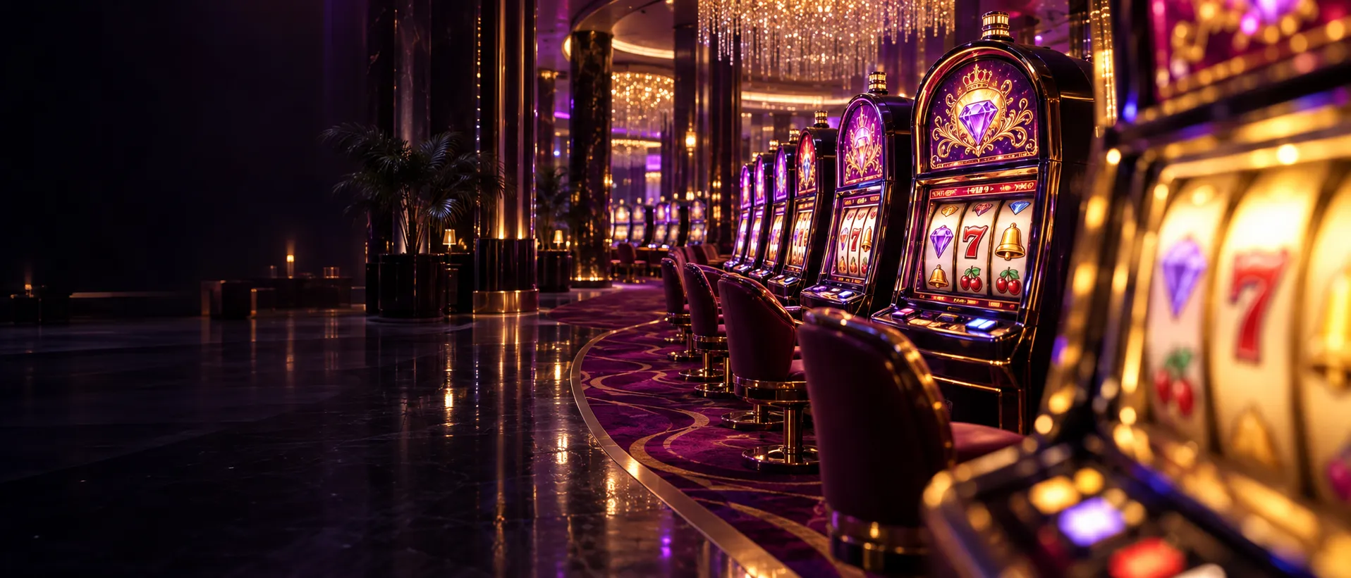 Row of glowing jackpot machines along a casino floor aisle
