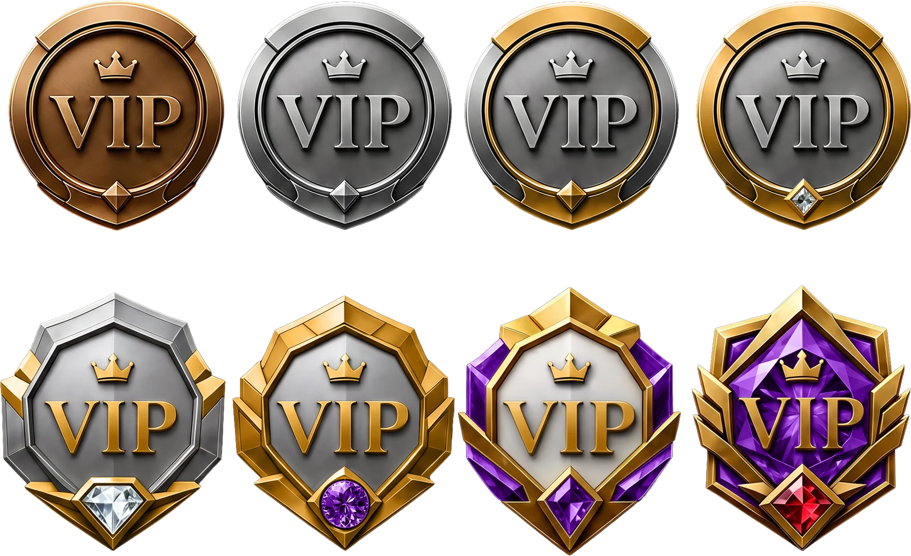 Row of gold and silver VIP badge icons in different reward tiers