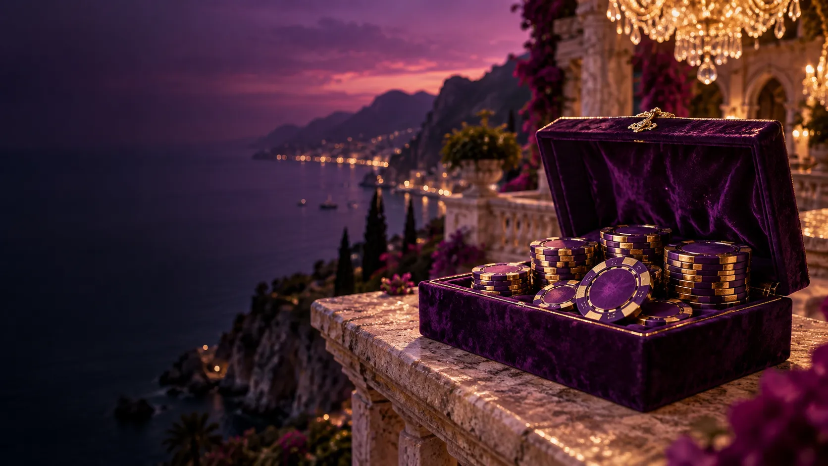 Velvet box of casino chips on a cliffside terrace balustrade, standing in for the Here2Win welcome package